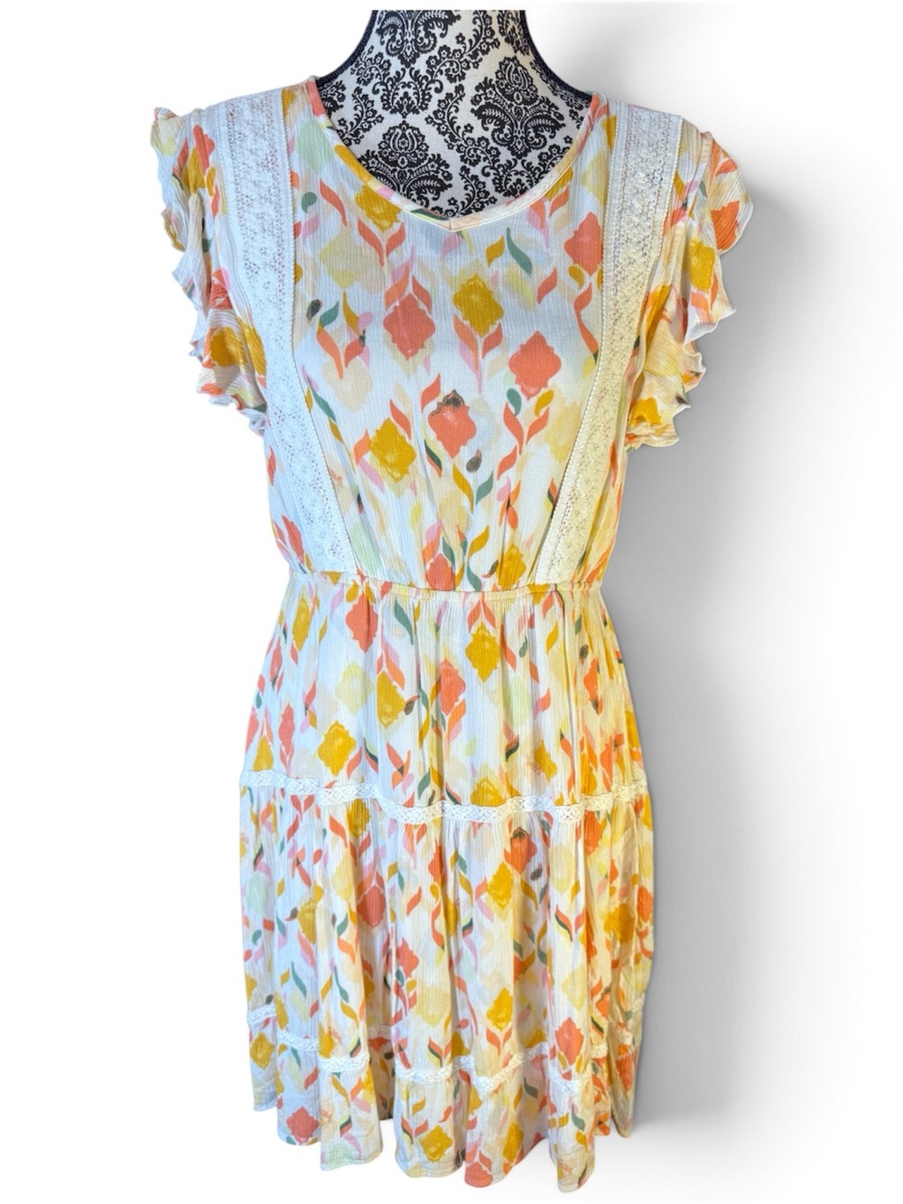 Lauren Conrad Yellow Floral Dress w/ Crochet Details and Ruffle Sleeves size M